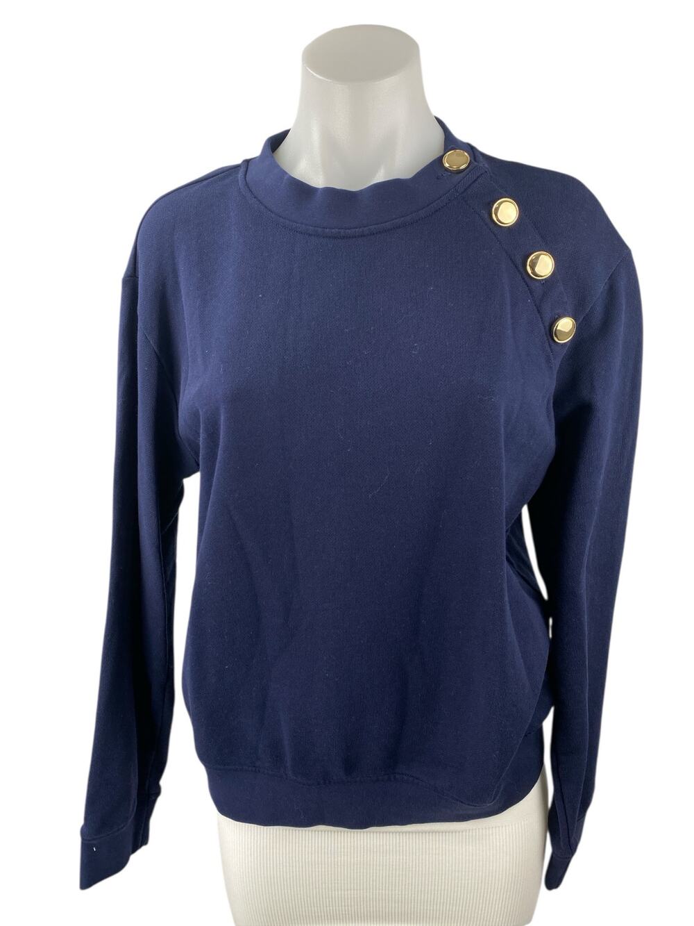 Derek Lam 10 Crosby Women's Navy Blue Gold Button Crewneck Sweatshirt Top Size M